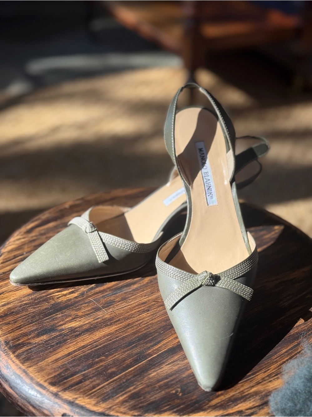 Manolo Blahnik Olive Green Pointed Slingback Mules with Bow